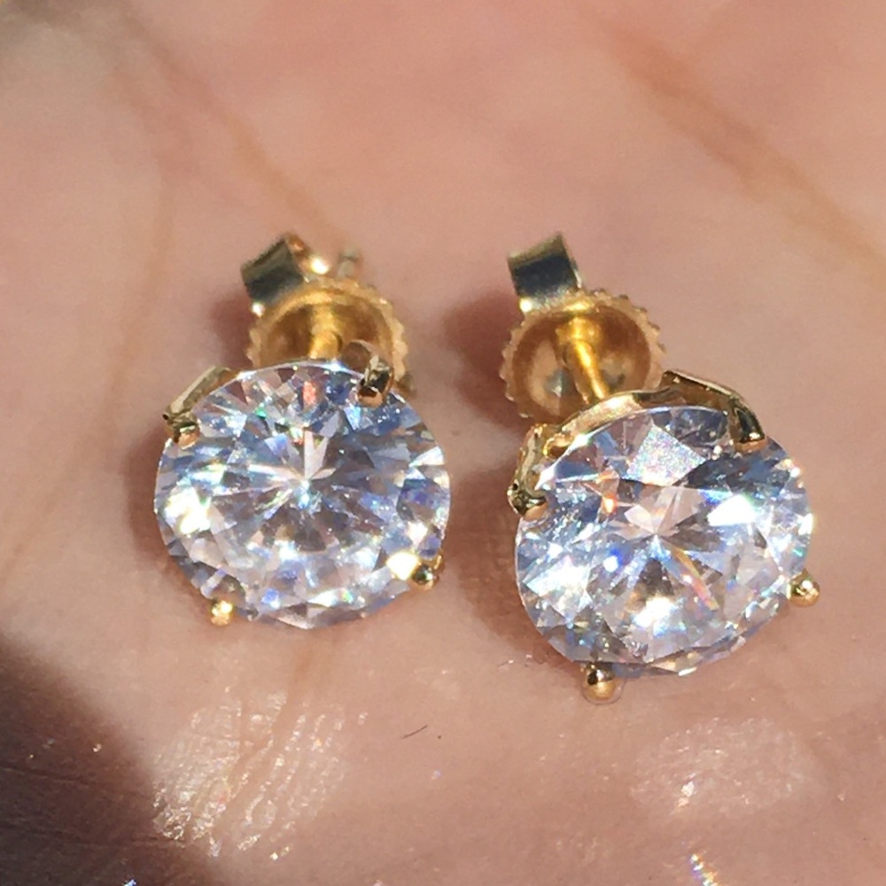 14k Solid Yellow Gold Round Solitaire Earrings - Picture 5 of 7